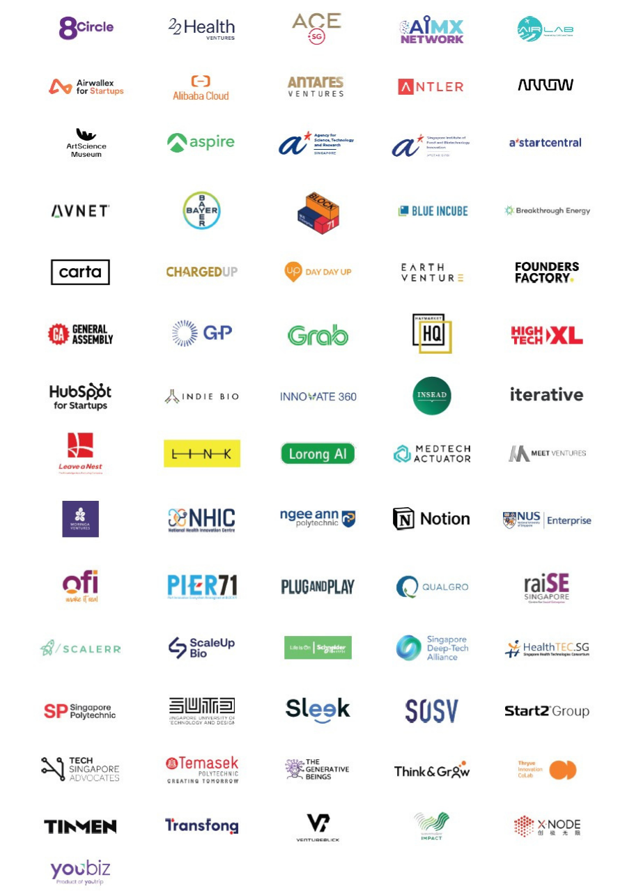 A collection of various startup and innovation logos arranged in a grid pattern.